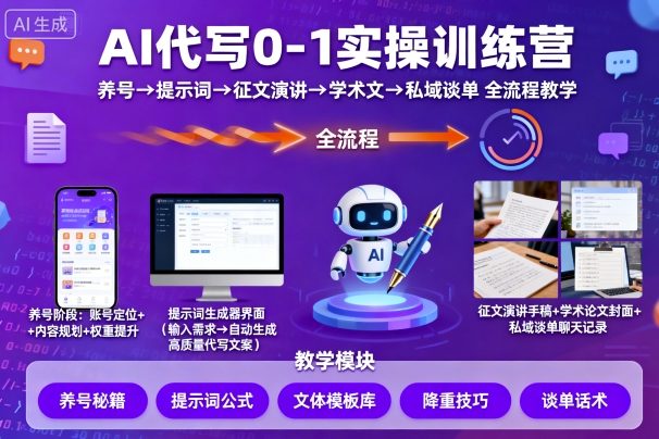 AI代写0-1实操训练营，从养号、提示词、征文演讲、学术文，到私域谈单的全流程教学-第一资源库