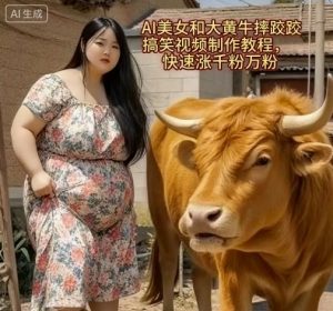 AI美女和大黄牛摔跤搞笑荒诞视频制作教程，快速涨千粉万粉-第一资源库